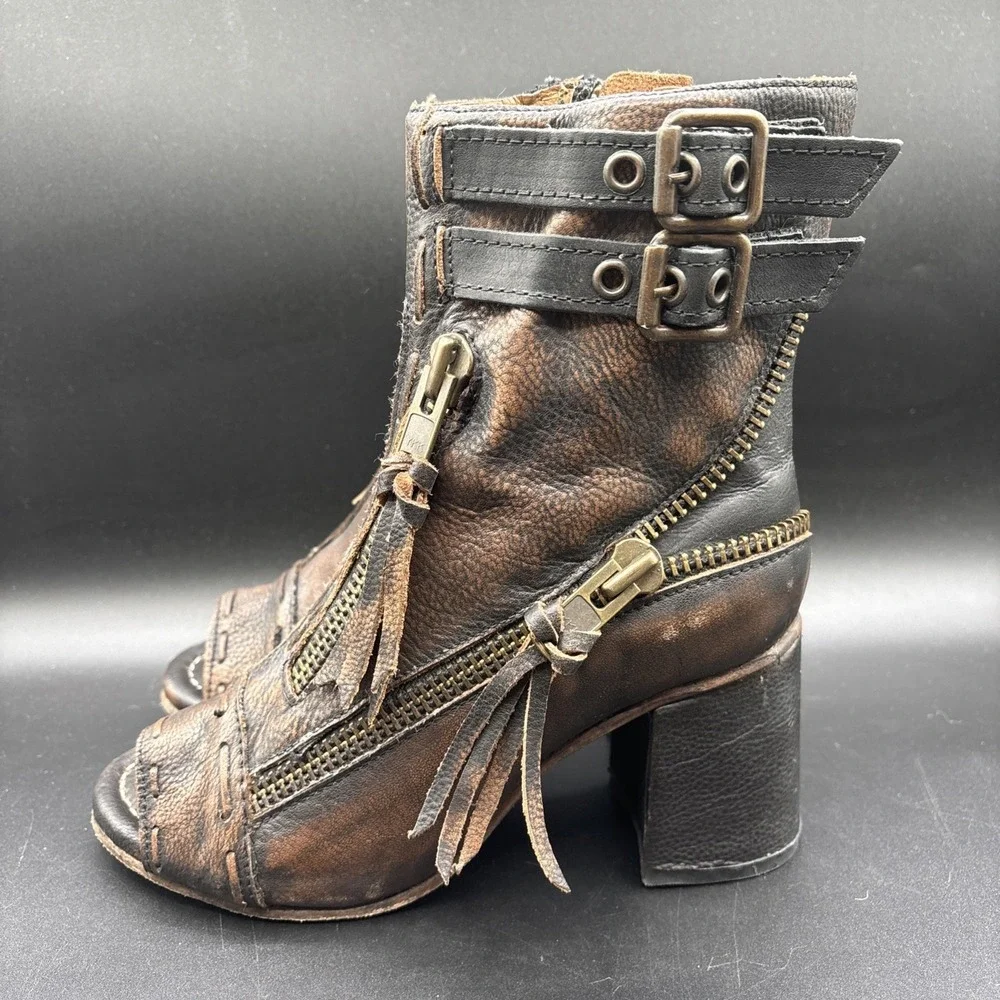 Freebird Zombi Leather Ankle Bootie Women's 8 Brown Zip Buckle Fringe Round Toe